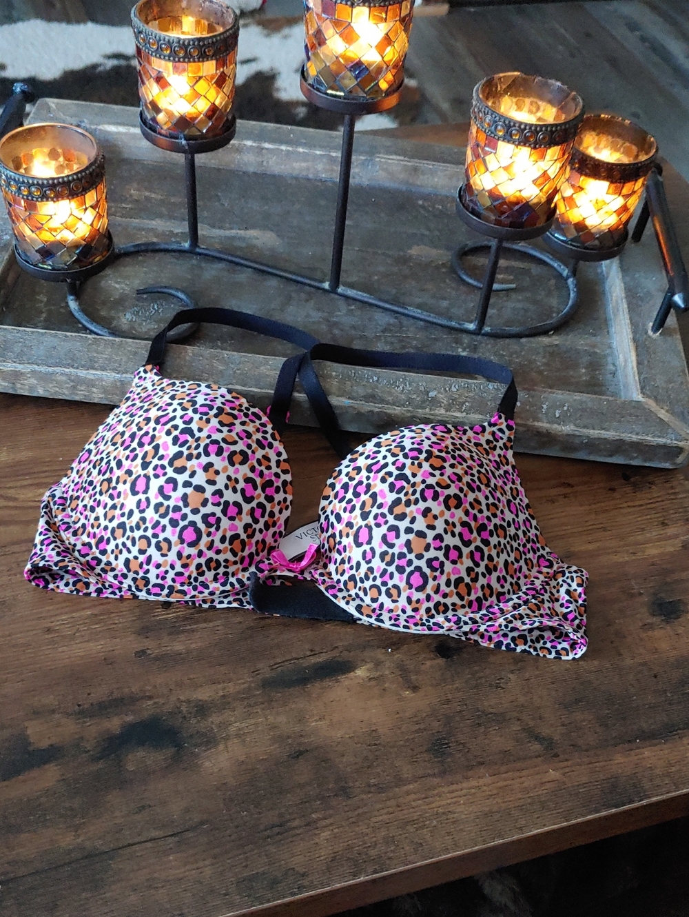 NWT Victoria's Secret 32B Pink Tan Leopard Padded Underwire Push Up Bra